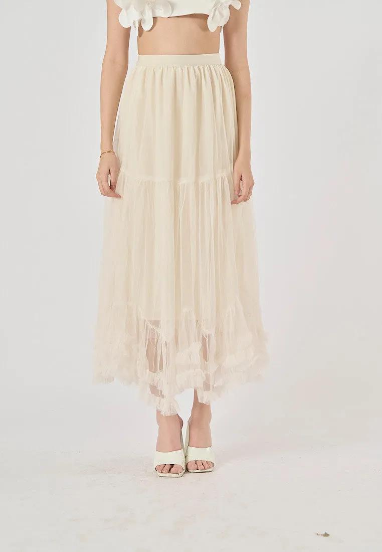 Ravenna Beige Mesh High Waist Raffles Maxi Skirt