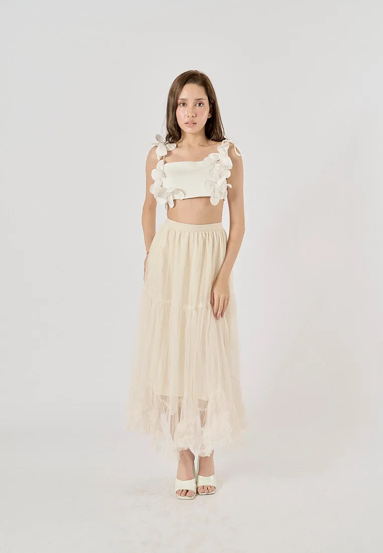 Ravenna Beige Mesh High Waist Raffles Maxi Skirt