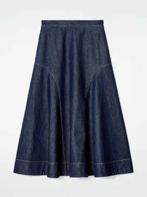 Raw denim a-line midi skirt