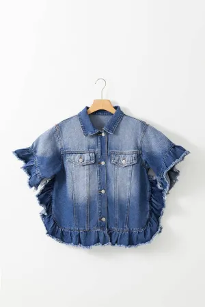 Raw Edge Ruffled Short Sleeve Denim Jacket