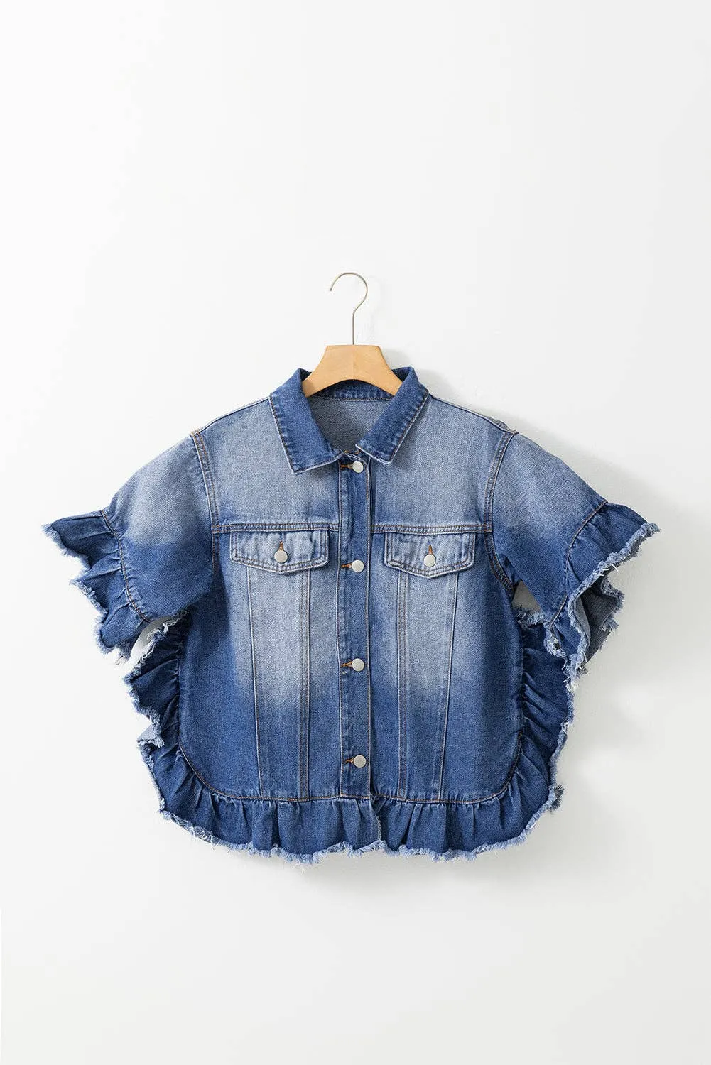Raw Edge Ruffled Short Sleeve Denim Jacket