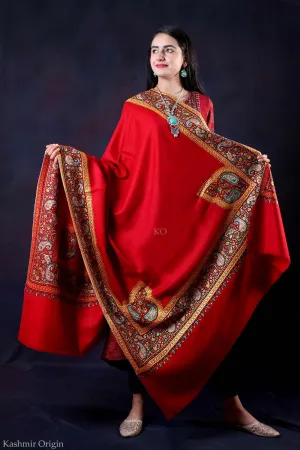 Red Base Tilla and Sozni Embroidered Handwoven Pashmina Shawl
