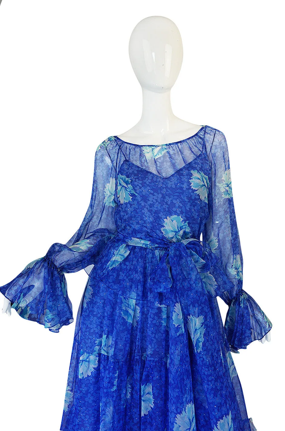 Resort 1978 Blue Tiered Floral Silk Chiffon Oscar de la Renta Dress