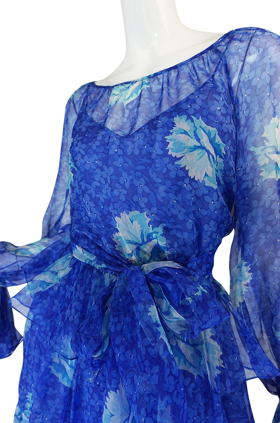 Resort 1978 Blue Tiered Floral Silk Chiffon Oscar de la Renta Dress