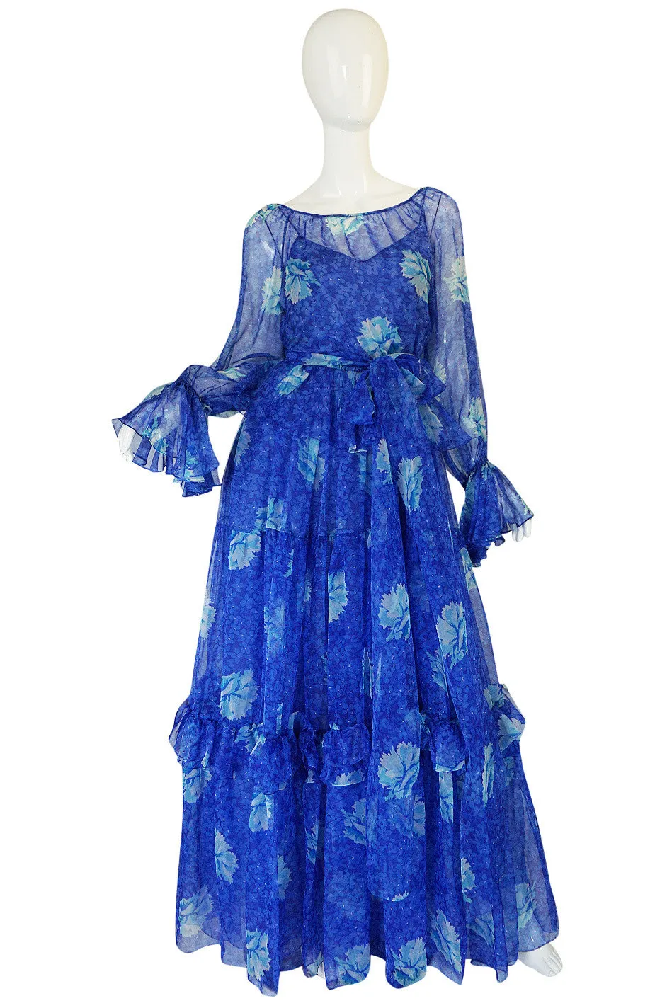 Resort 1978 Blue Tiered Floral Silk Chiffon Oscar de la Renta Dress