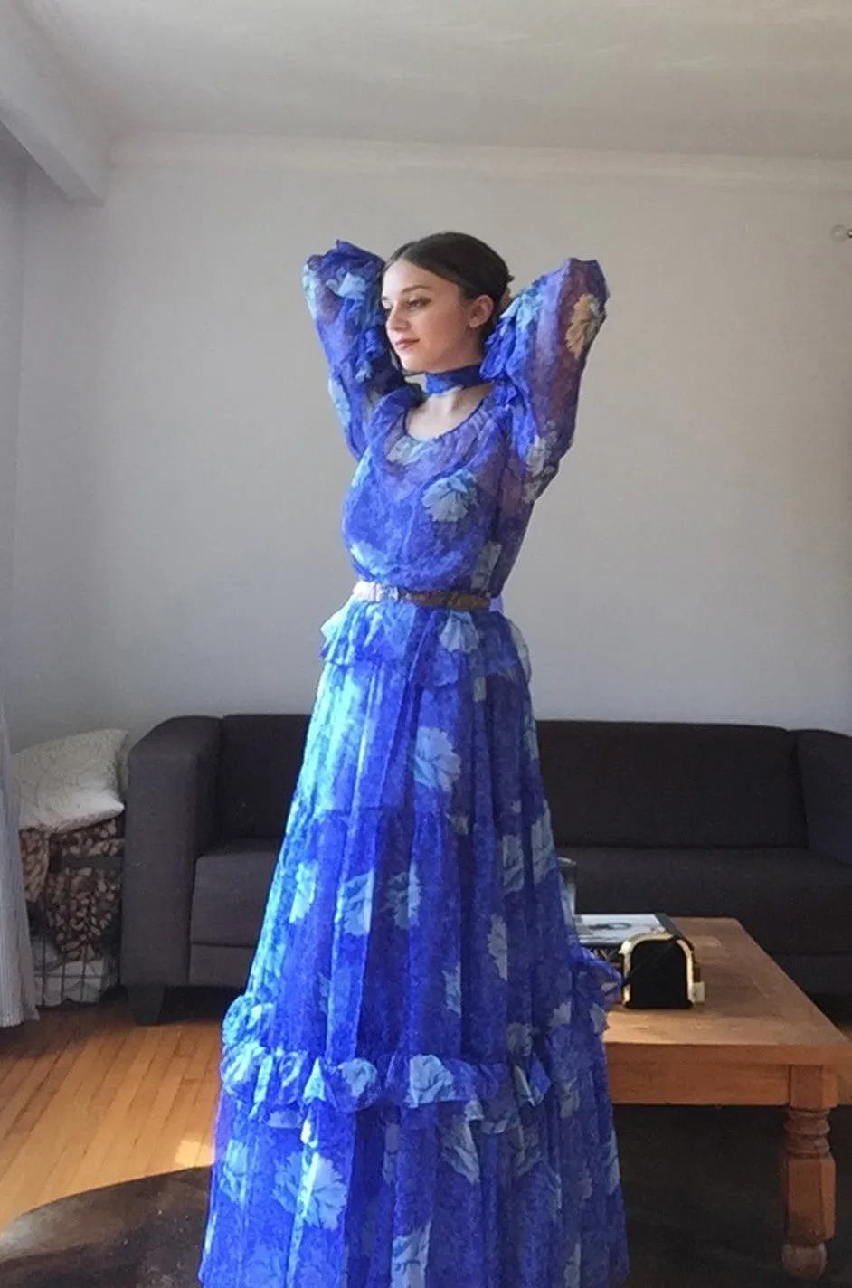 Resort 1978 Blue Tiered Floral Silk Chiffon Oscar de la Renta Dress