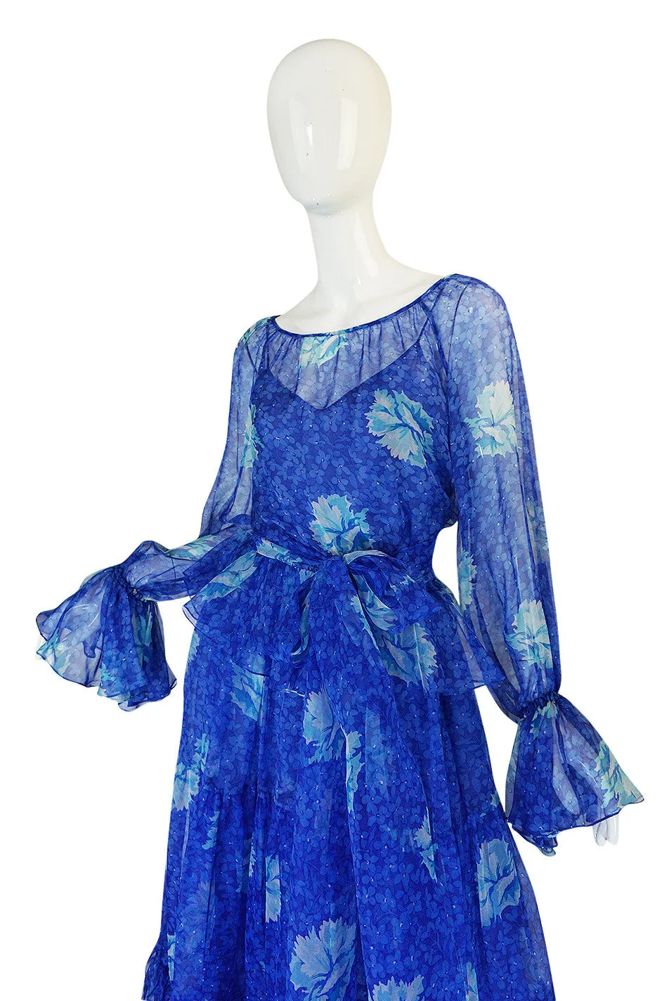 Resort 1978 Blue Tiered Floral Silk Chiffon Oscar de la Renta Dress