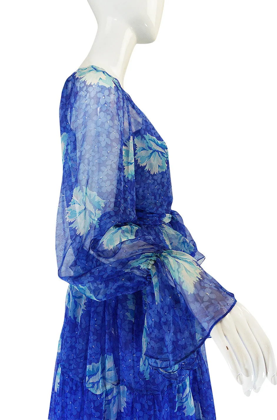 Resort 1978 Blue Tiered Floral Silk Chiffon Oscar de la Renta Dress