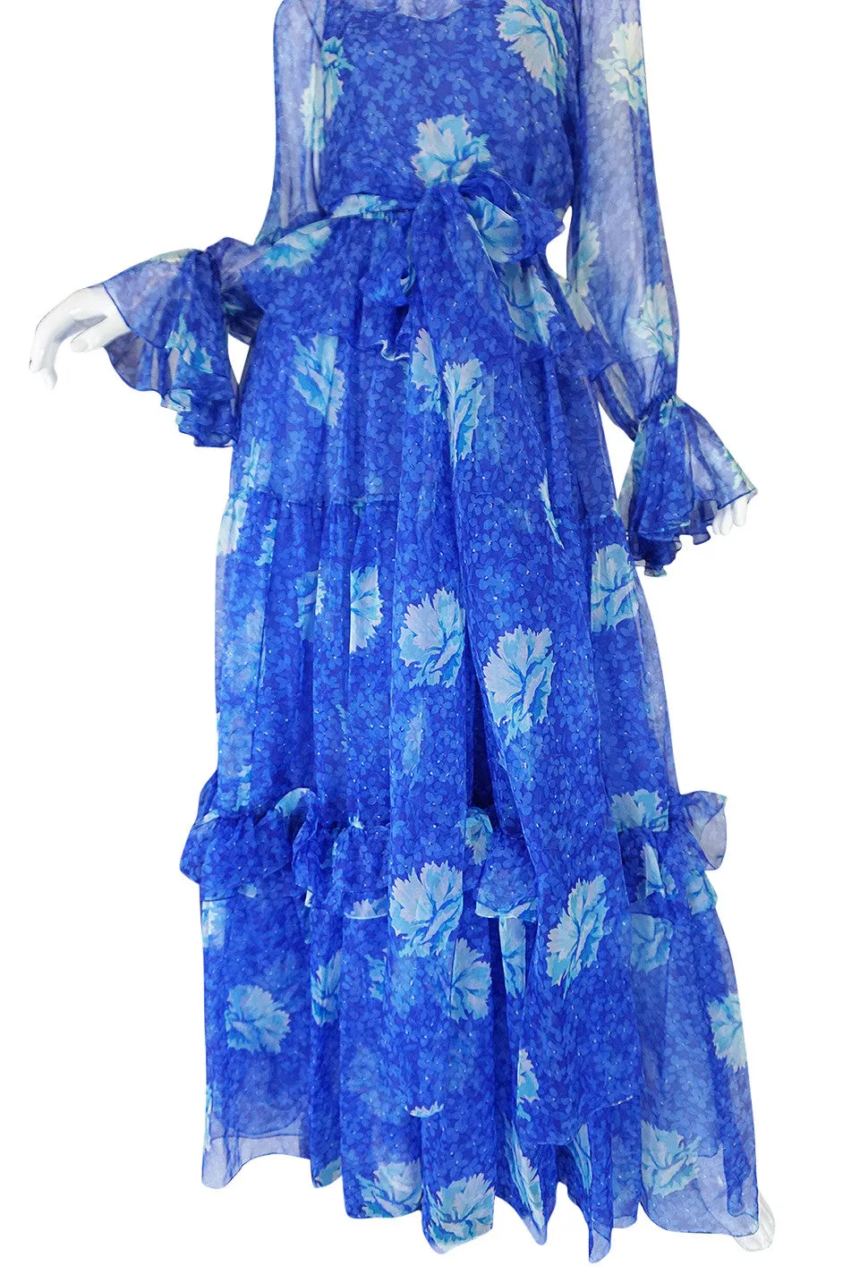 Resort 1978 Blue Tiered Floral Silk Chiffon Oscar de la Renta Dress