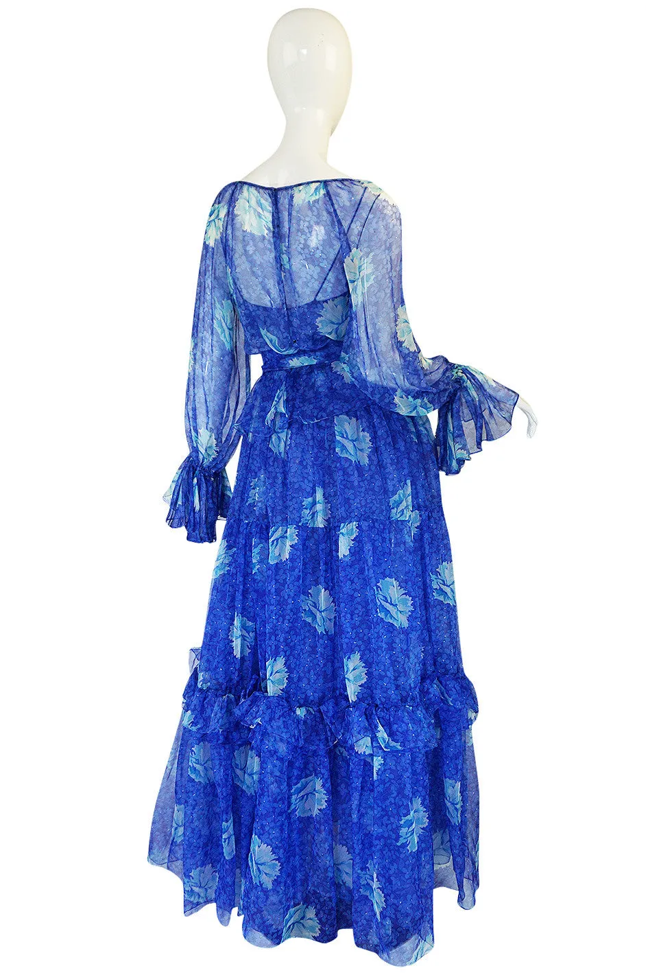 Resort 1978 Blue Tiered Floral Silk Chiffon Oscar de la Renta Dress