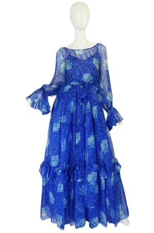 Resort 1978 Blue Tiered Floral Silk Chiffon Oscar de la Renta Dress