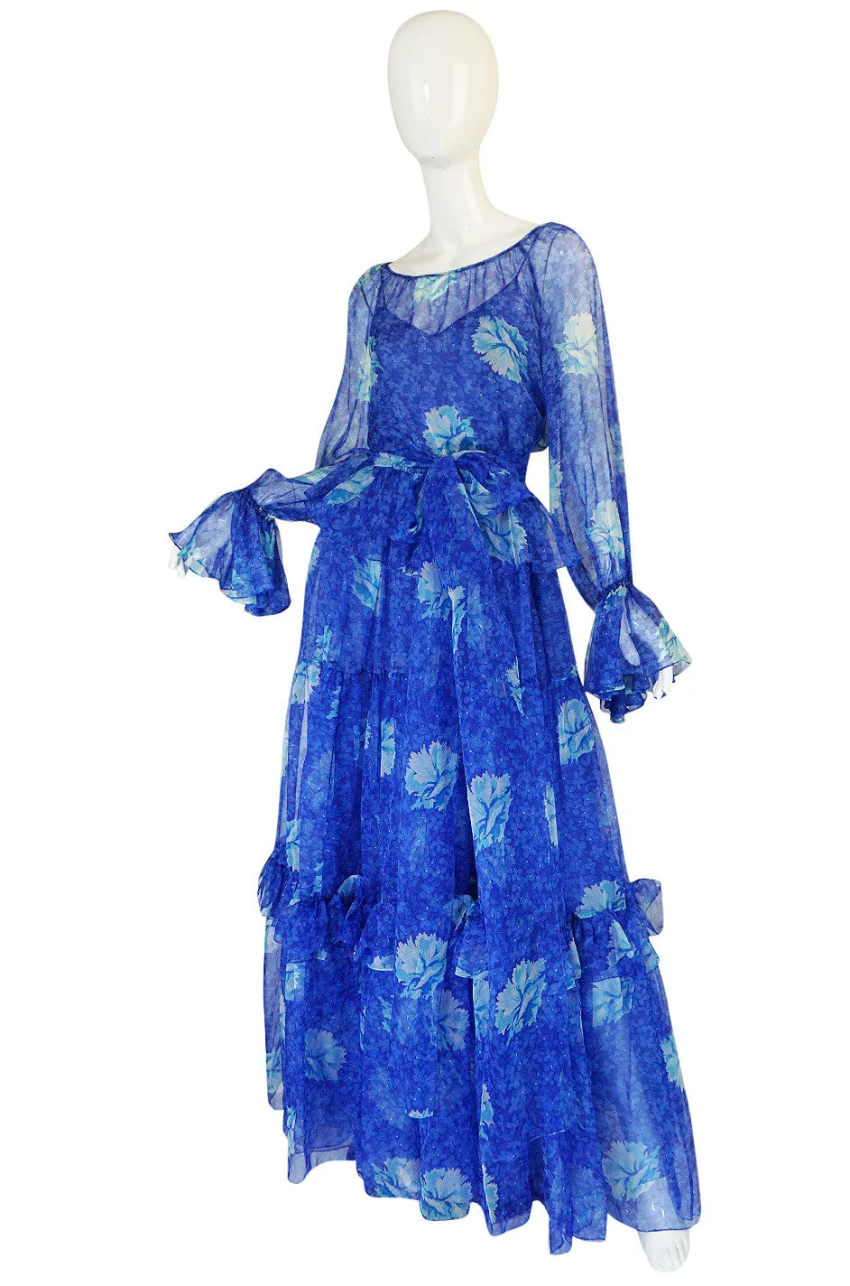 Resort 1978 Blue Tiered Floral Silk Chiffon Oscar de la Renta Dress