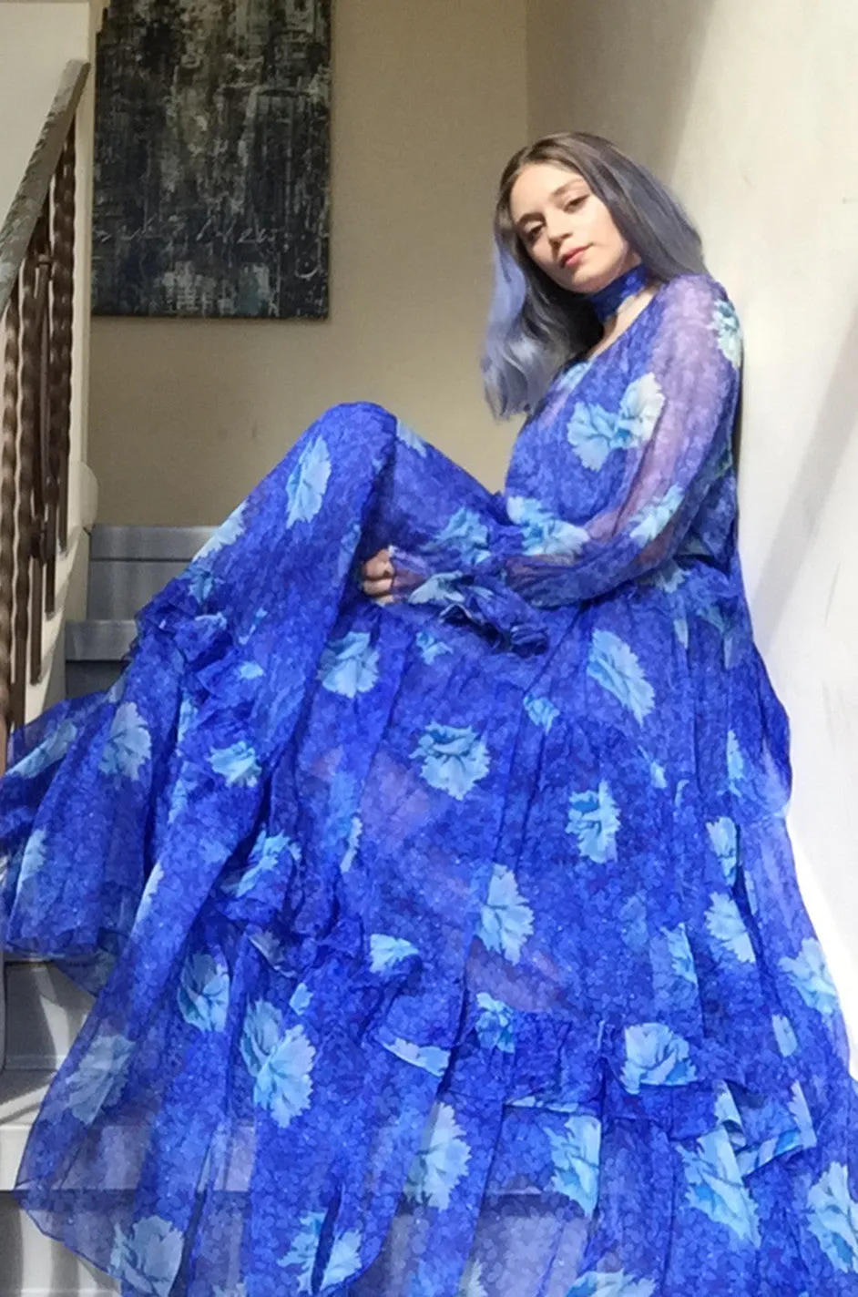 Resort 1978 Blue Tiered Floral Silk Chiffon Oscar de la Renta Dress