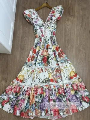Retro Printed Ruffled V-neck Backless Strap Rhinestone Dress