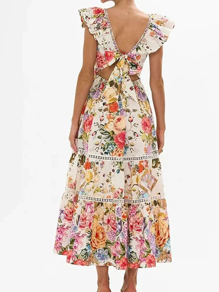 Retro Printed Ruffled V-neck Backless Strap Rhinestone Dress