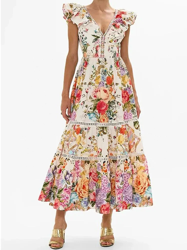 Retro Printed Ruffled V-neck Backless Strap Rhinestone Dress