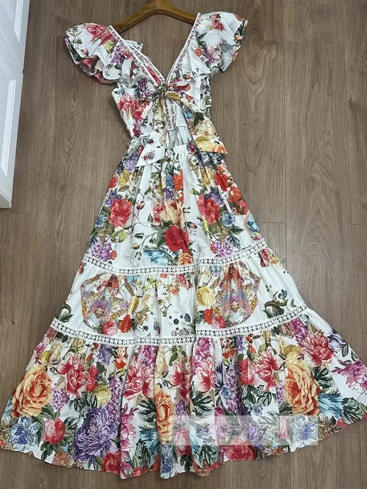 Retro Printed Ruffled V-neck Backless Strap Rhinestone Dress