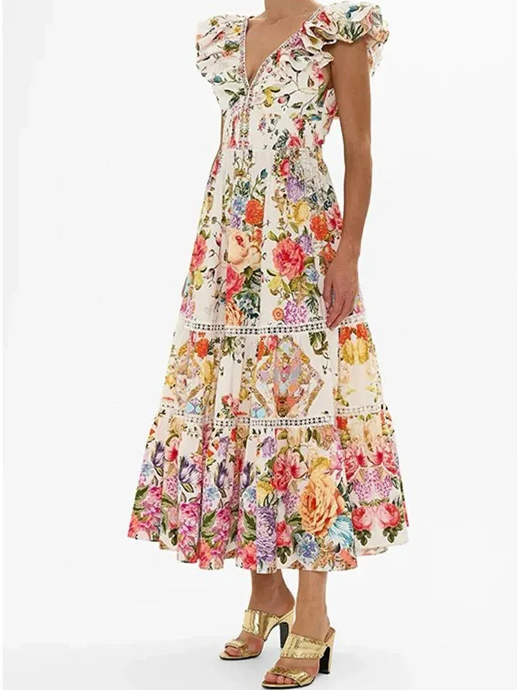 Retro Printed Ruffled V-neck Backless Strap Rhinestone Dress