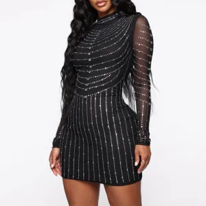 Rhinestone Long Sleeve Sheer Mesh Bodycon Dress
