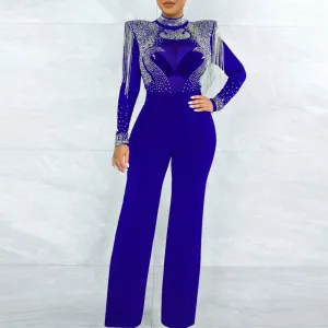 Rhinestone Tassel Design Long Sleeve Sheer Mesh Jumpsuit