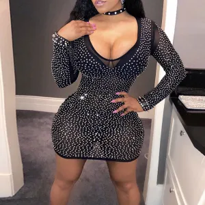 Rhinestone V-Neck Long Sleeve Sheer Mesh Bodycon Dress