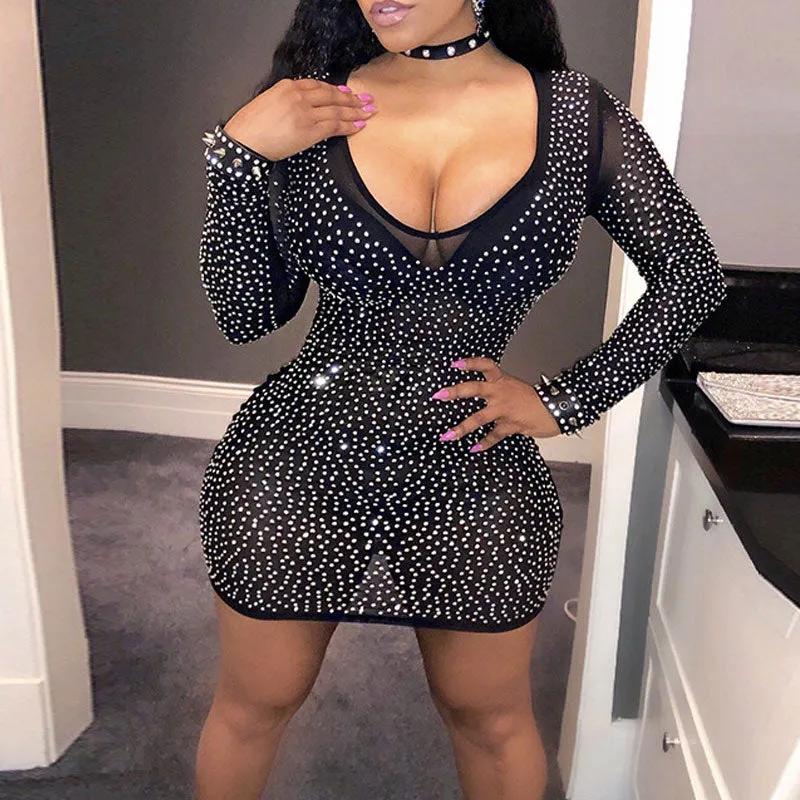Rhinestone V-Neck Long Sleeve Sheer Mesh Bodycon Dress