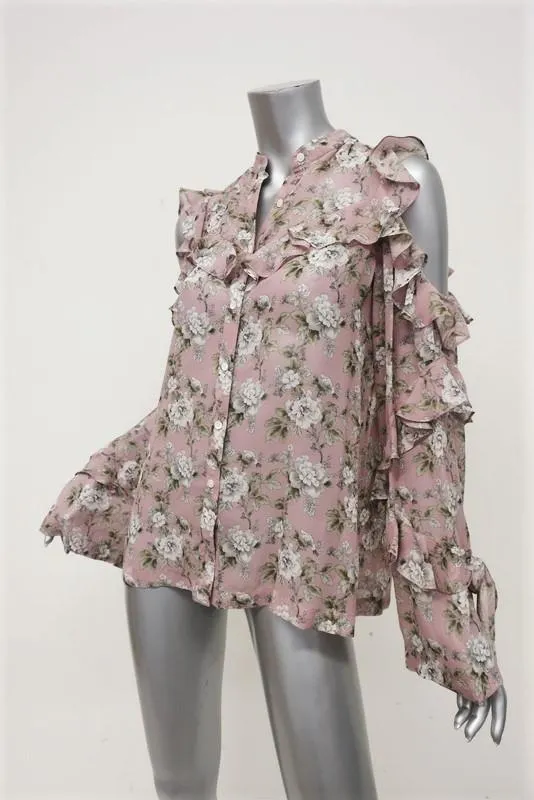 Robert Rodriguez Cold Shoulder Blouse Mauve Floral Print Ruffled Silk Size 4 NEW