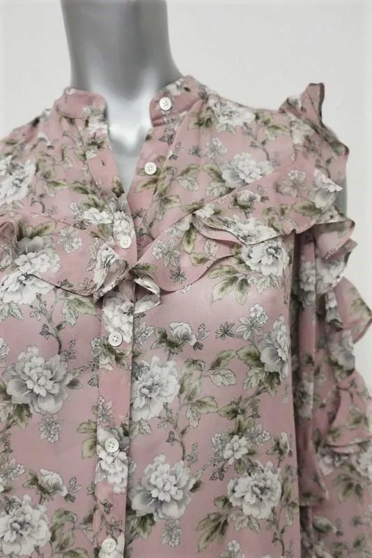 Robert Rodriguez Cold Shoulder Blouse Mauve Floral Print Ruffled Silk Size 4 NEW