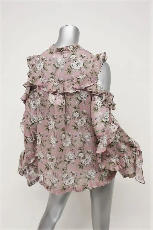 Robert Rodriguez Cold Shoulder Blouse Mauve Floral Print Ruffled Silk Size 4 NEW