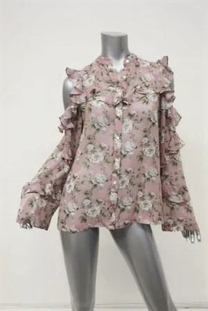 Robert Rodriguez Cold Shoulder Blouse Mauve Floral Print Ruffled Silk Size 4 NEW