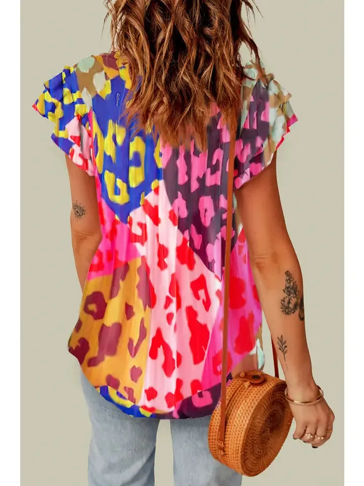 Rose Leopard Flutter Sleeve V-Neck Crinkled Blouse