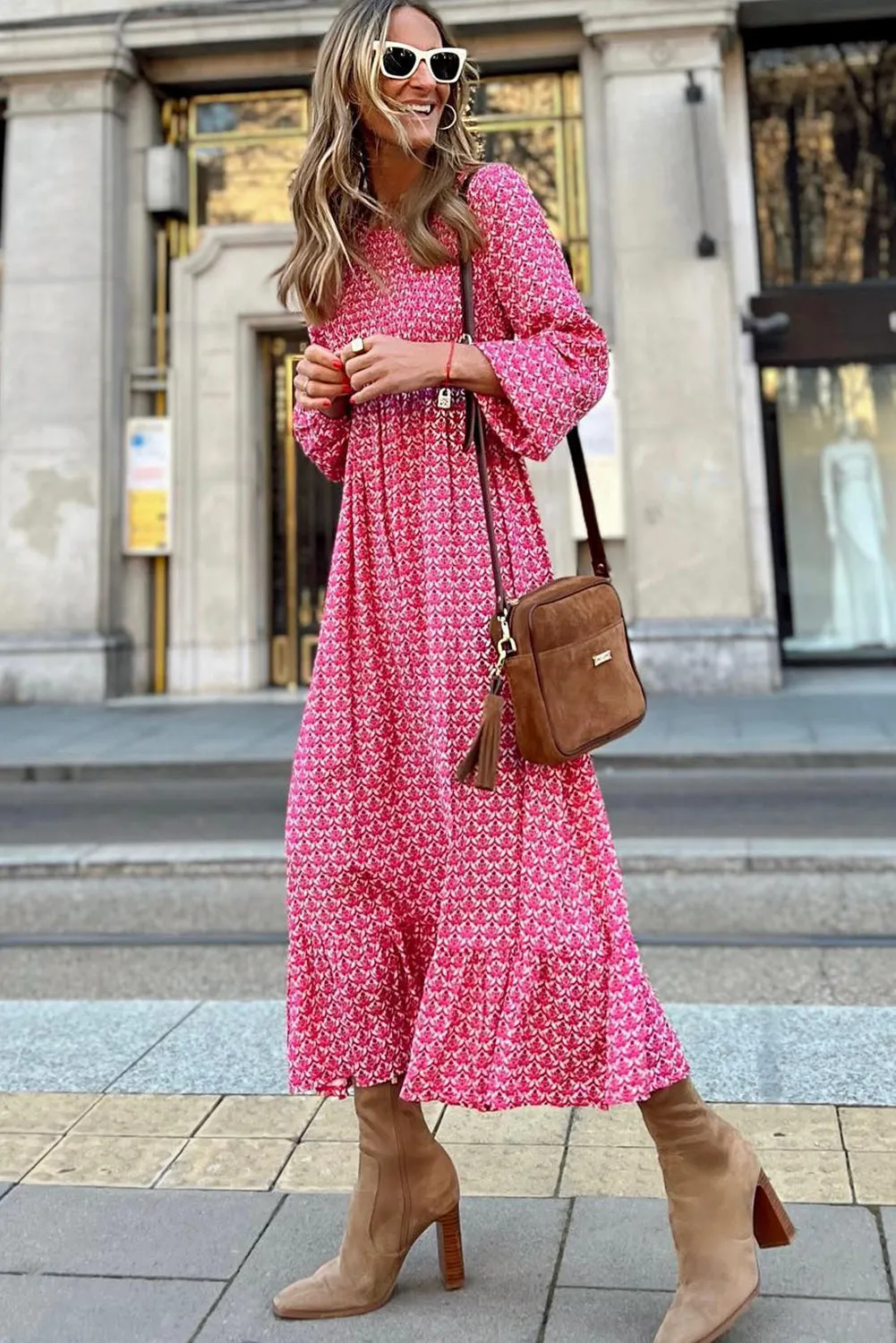 Rose Printed Ruffled Hem Long Dress