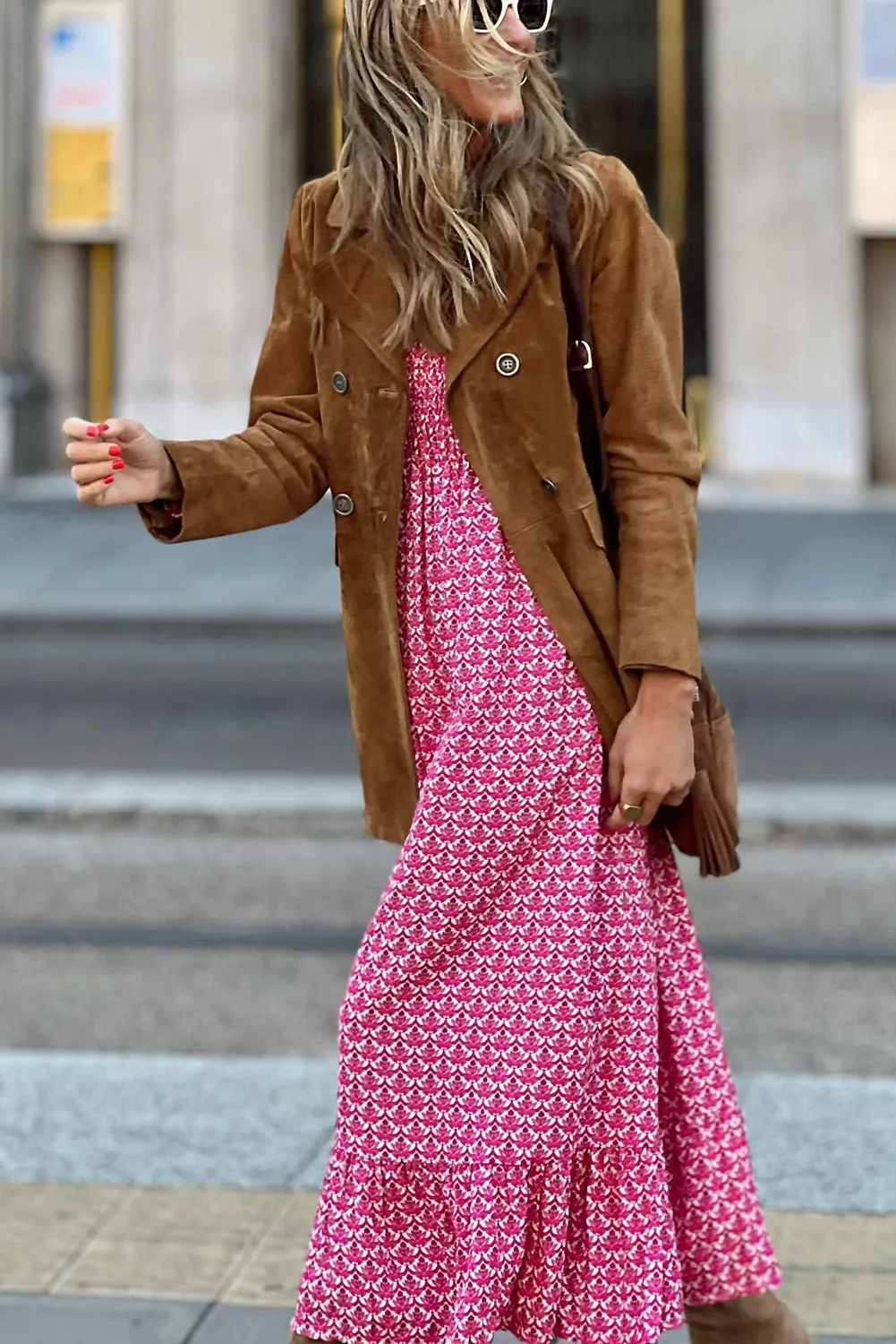 Rose Printed Ruffled Hem Long Dress