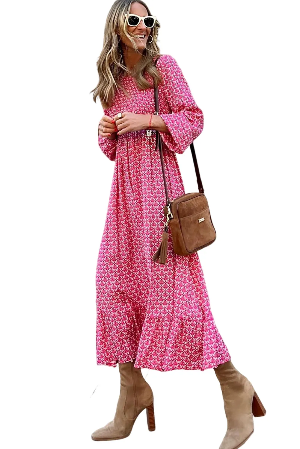 Rose Printed Ruffled Hem Long Dress