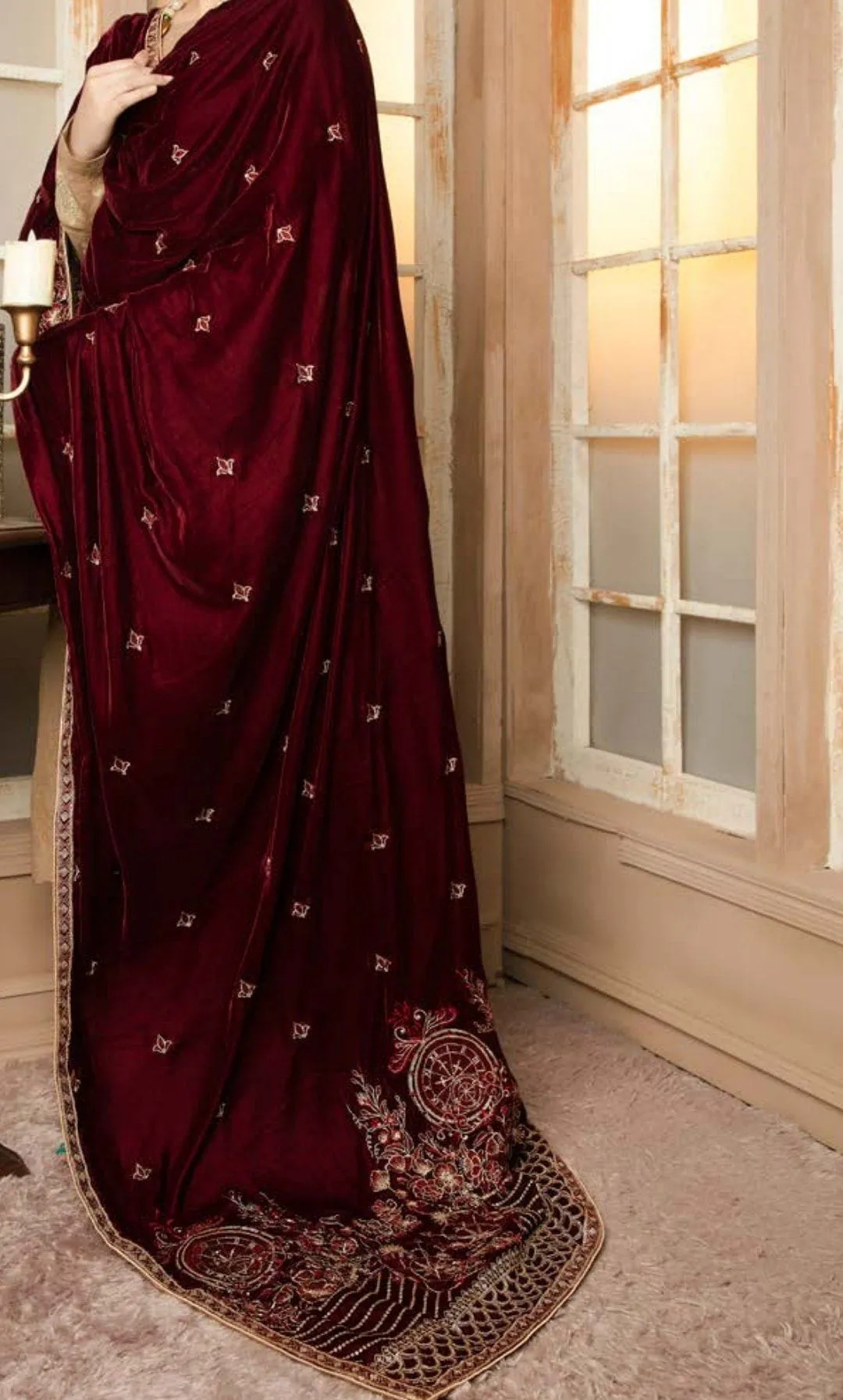 Rouge/Luxury Embroidered Velvet Shawl by Adans Libaas