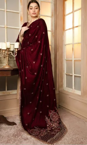 Rouge/Luxury Embroidered Velvet Shawl by Adans Libaas
