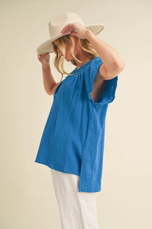Royal Blue Embroidered Trim Side Slit Notched Short Sleeve Blouse