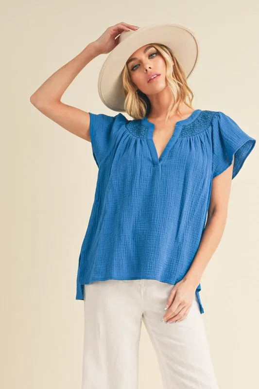 Royal Blue Embroidered Trim Side Slit Notched Short Sleeve Blouse