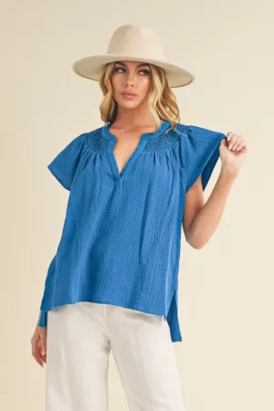 Royal Blue Embroidered Trim Side Slit Notched Short Sleeve Blouse