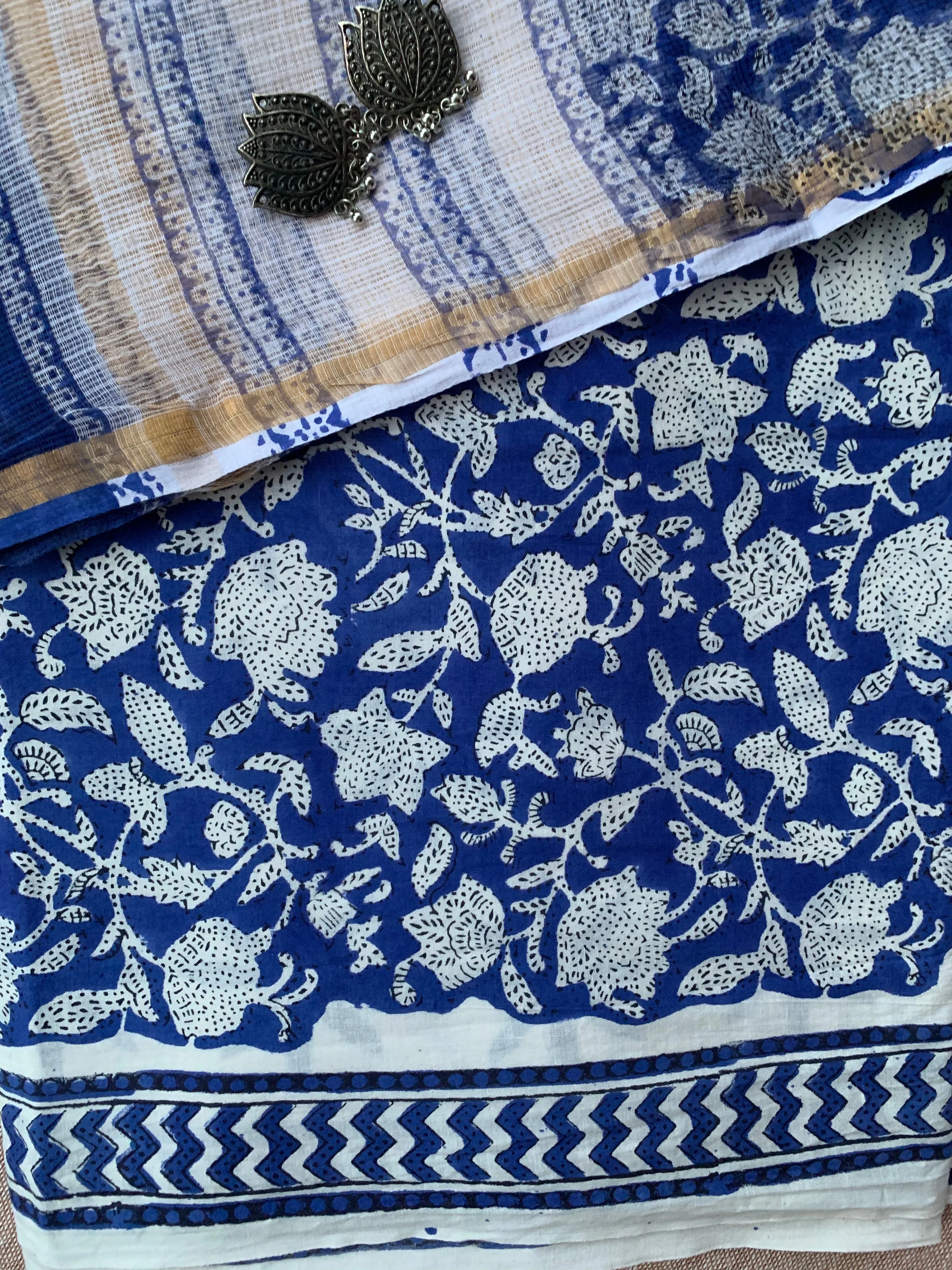 Royal Blue- White Unstitched Suit Set with Doria Dupatta