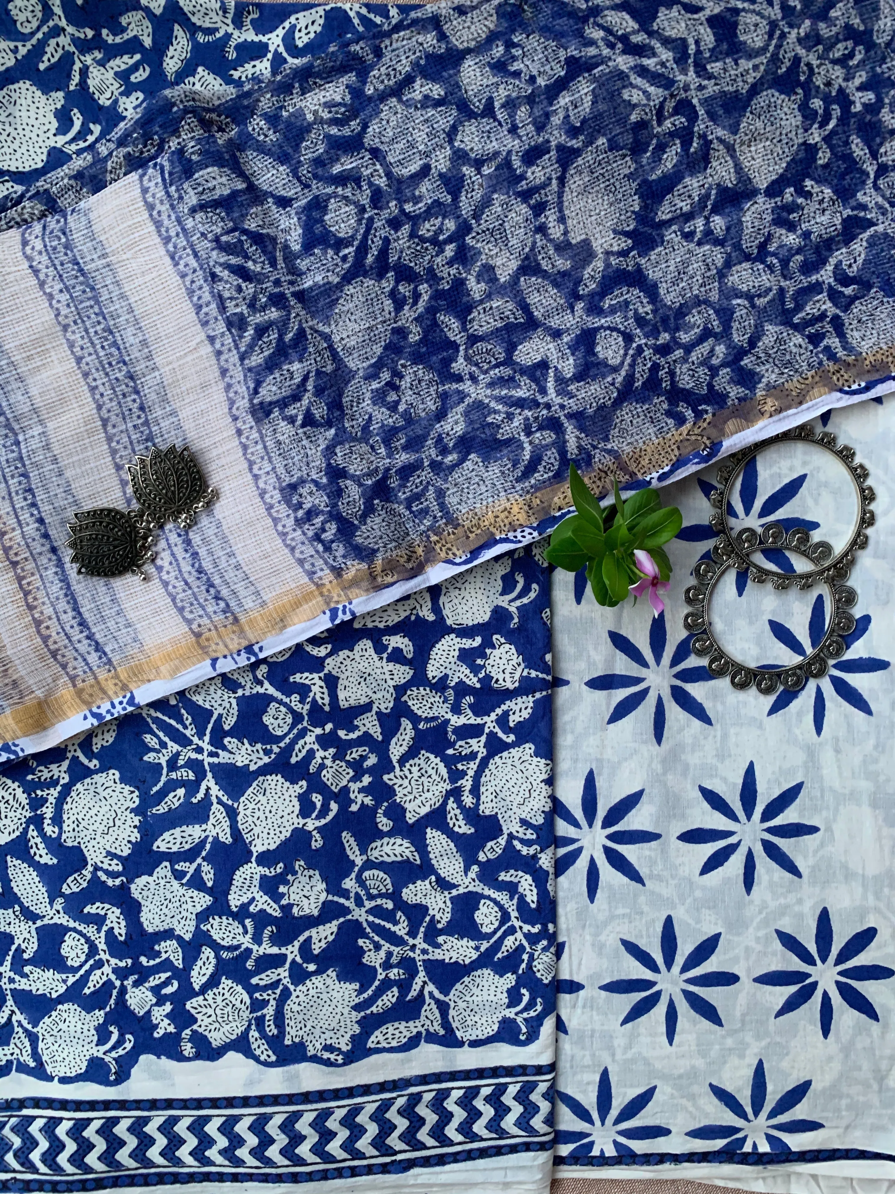 Royal Blue- White Unstitched Suit Set with Doria Dupatta