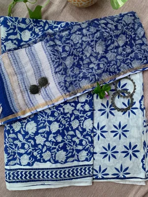 Royal Blue- White Unstitched Suit Set with Doria Dupatta