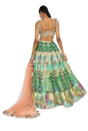 Ruba Peach Colour Embroidered Bustier With Printed Dupion Embroidered Lehenga With Peach Colour Dupatta