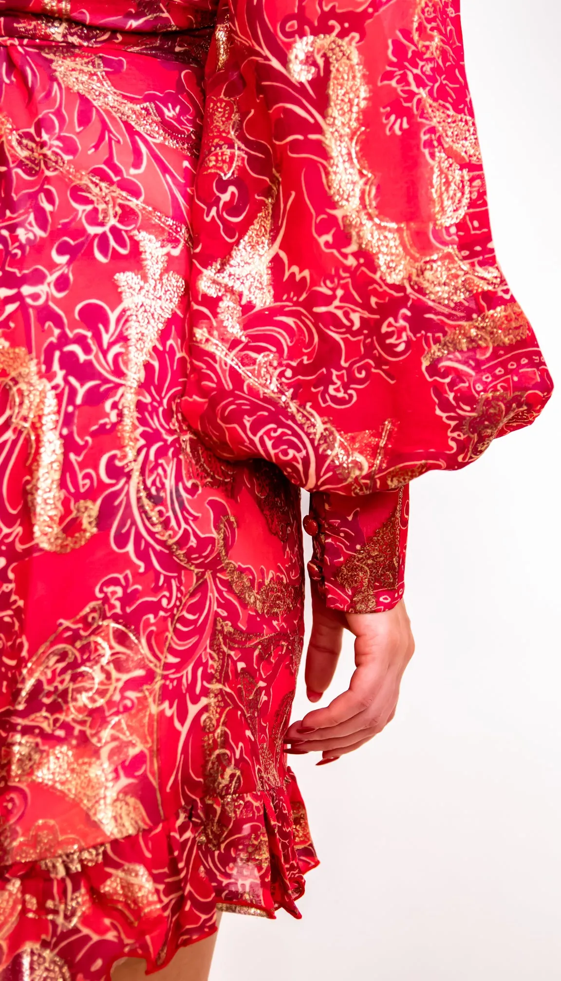 Ruby Red and Gold Wrap Dress - Pre Order Now for October Delivery