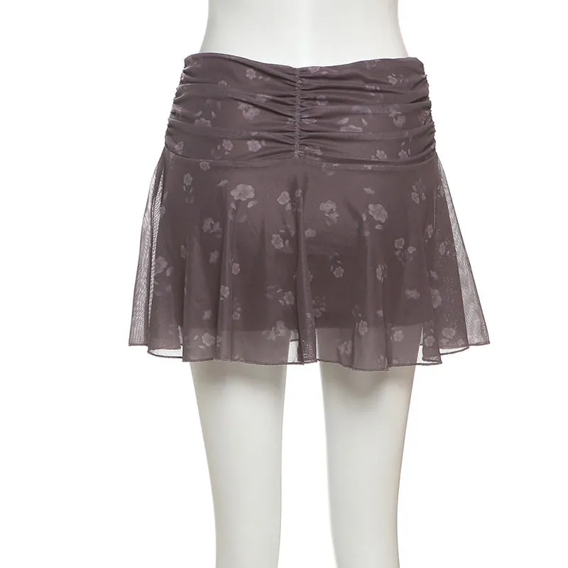 Ruched A line flower print mini skirt