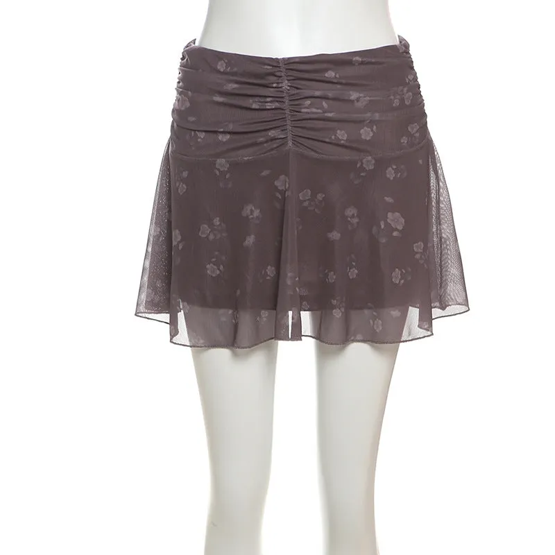 Ruched A line flower print mini skirt