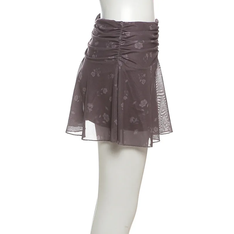 Ruched A line flower print mini skirt