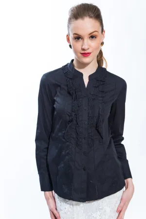 Ruffle Front Cotton Blouse (Black) Style 8143