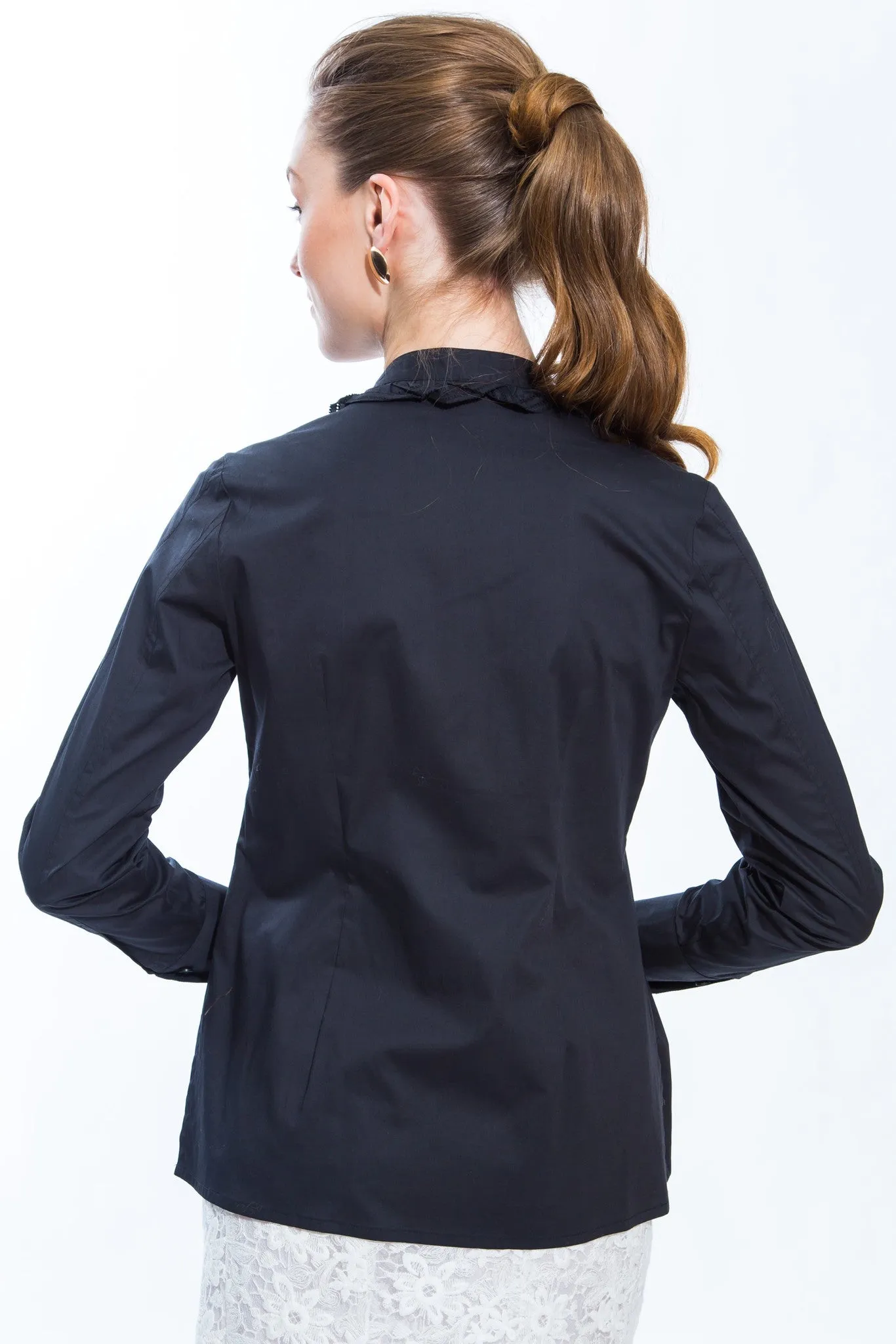 Ruffle Front Cotton Blouse (Black) Style 8143