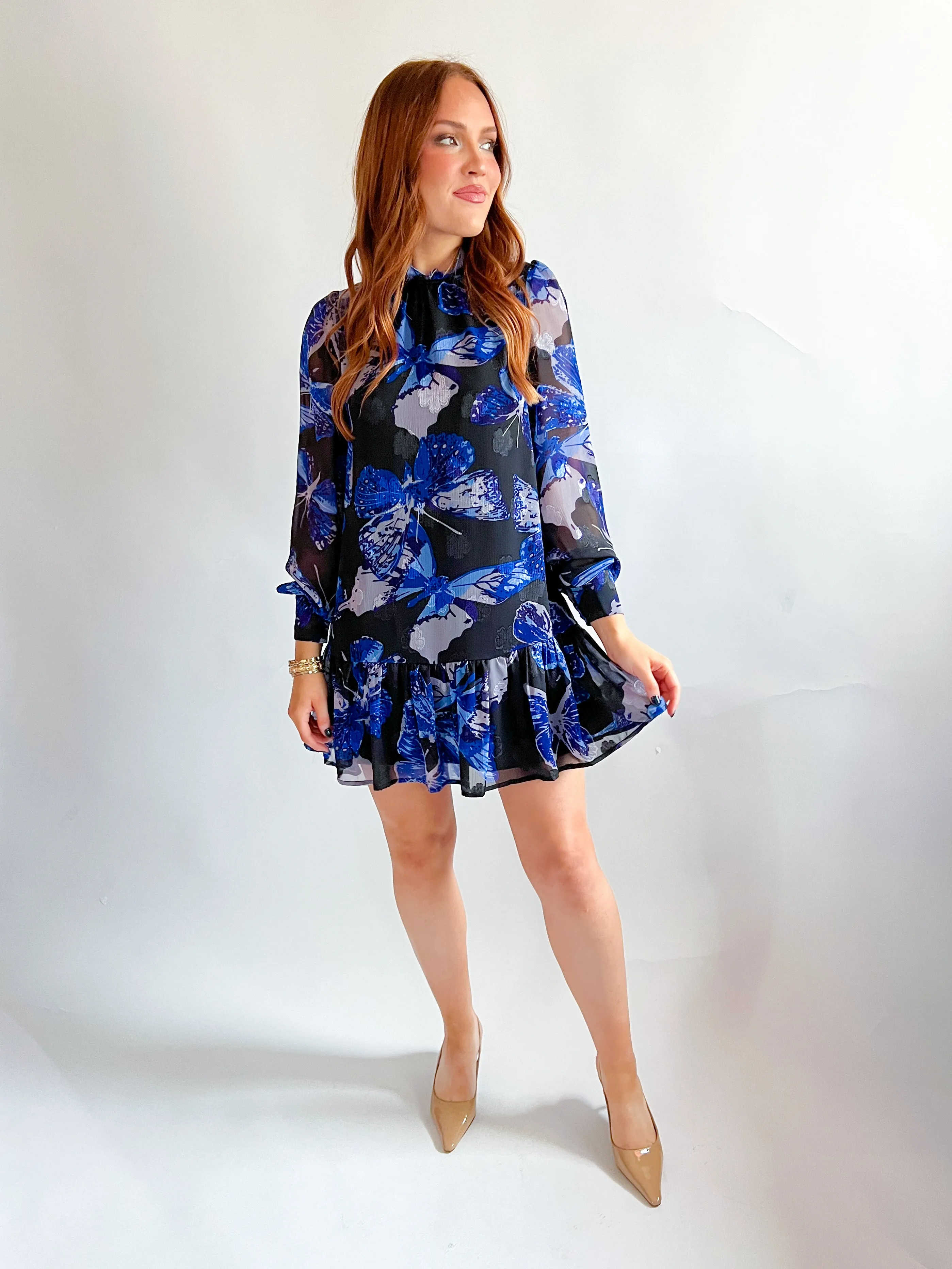 Ruffle Sheer Printed Mini Dress